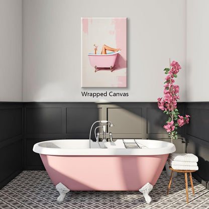 Pink Bathroom Canvas Wall Art, Cheeky Girl In Bathtub with Martini Aesthetic Poster, Preppy Dopamine Cocktail Bar Cart Wall Decor, Trendy Pastel Girly Restroom Print Painting 12x16in Wrapped Canvas