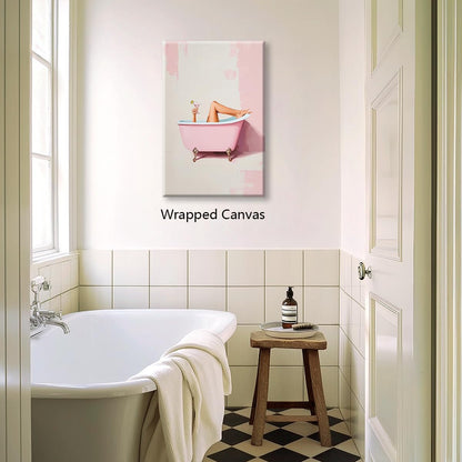 Pink Bathroom Canvas Wall Art, Cheeky Girl In Bathtub with Martini Aesthetic Poster, Preppy Dopamine Cocktail Bar Cart Wall Decor, Trendy Pastel Girly Restroom Print Painting 12x16in Wrapped Canvas