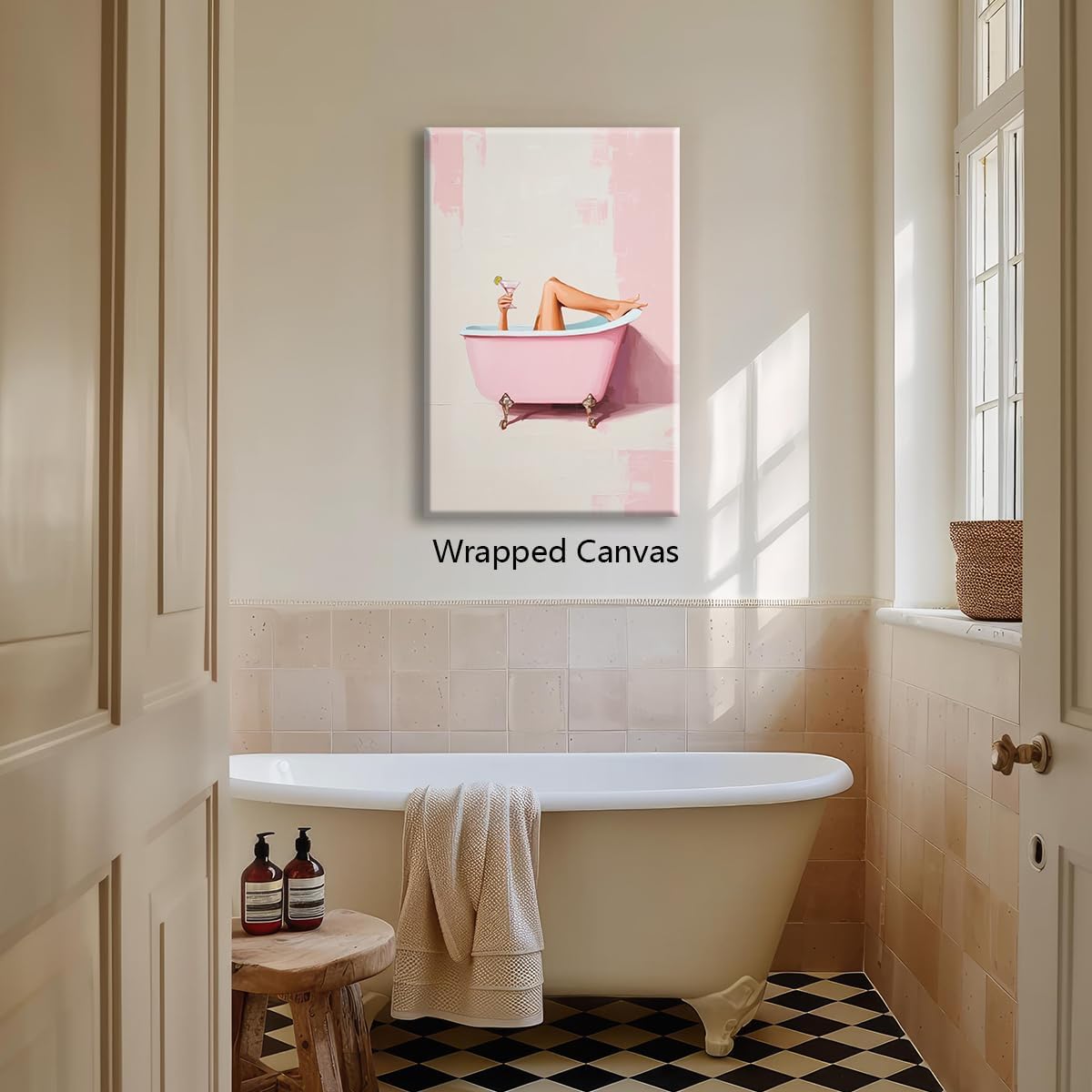Pink Bathroom Canvas Wall Art, Cheeky Girl In Bathtub with Martini Aesthetic Poster, Preppy Dopamine Cocktail Bar Cart Wall Decor, Trendy Pastel Girly Restroom Print Painting 12x16in Wrapped Canvas