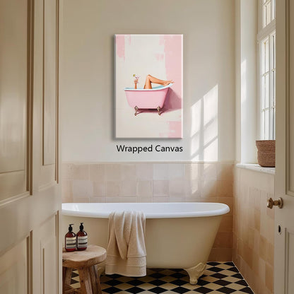 Pink Bathroom Canvas Wall Art, Cheeky Girl In Bathtub with Martini Aesthetic Poster, Preppy Dopamine Cocktail Bar Cart Wall Decor, Trendy Pastel Girly Restroom Print Painting 12x16in Wrapped Canvas