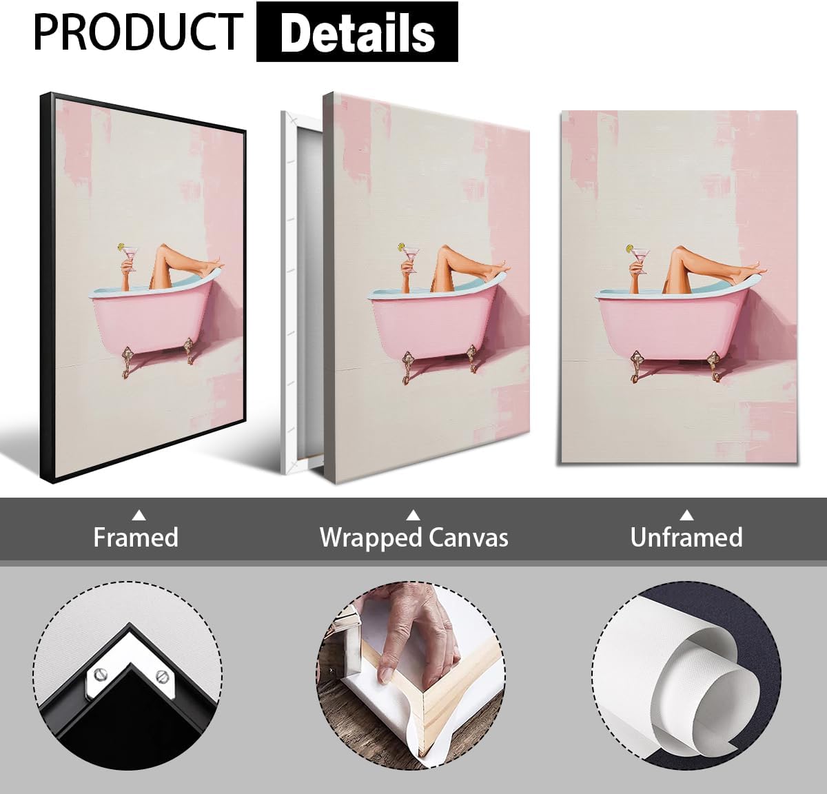 Pink Bathroom Canvas Wall Art, Cheeky Girl In Bathtub with Martini Aesthetic Poster, Preppy Dopamine Cocktail Bar Cart Wall Decor, Trendy Pastel Girly Restroom Print Painting 12x16in Wrapped Canvas