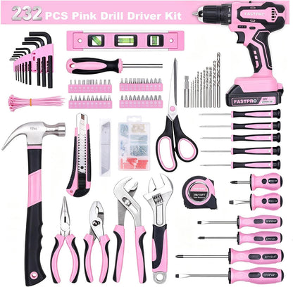232-Piece Pink Drill Set for Women, Pink Tool Set with Bag