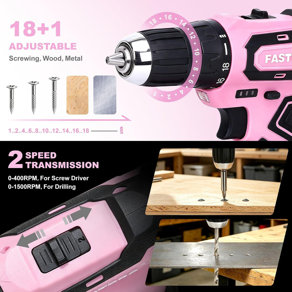232-Piece Pink Drill Set for Women, Pink Tool Set with Bag