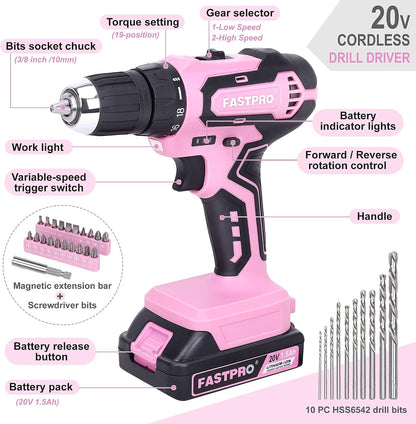 232-Piece Pink Drill Set for Women, Pink Tool Set with Bag