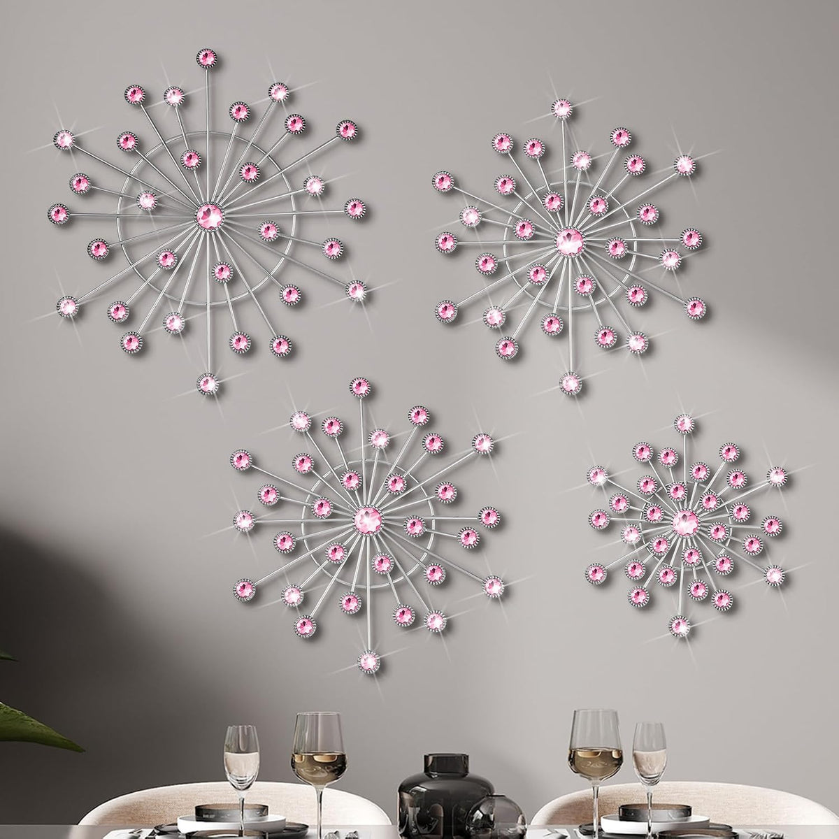 4 Pcs Pink Wall Decor, Bling Crystal Starburst Metal Wall Art