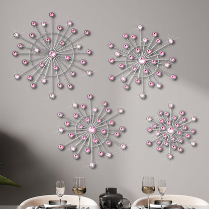 4 Pcs Pink Wall Decor, Bling Crystal Starburst Metal Wall Art