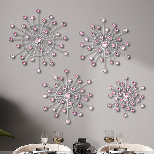 4 Pcs Pink Wall Decor, Bling Crystal Starburst Metal Wall Art