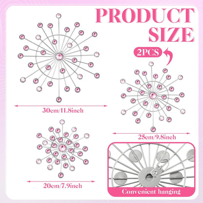 4 Pcs Pink Wall Decor, Bling Crystal Starburst Metal Wall Art