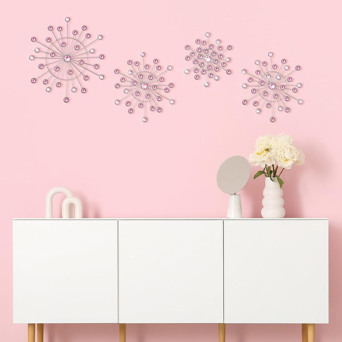 4 Pcs Pink Wall Decor, Bling Crystal Starburst Metal Wall Art