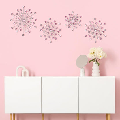 4 Pcs Pink Wall Decor, Bling Crystal Starburst Metal Wall Art