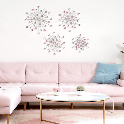 4 Pcs Pink Wall Decor, Bling Crystal Starburst Metal Wall Art