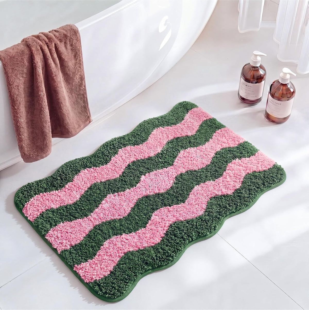 Cute Scalloped Bathroom Rug, Plush Tufted Absorbent Soft Wave Striped Bath Mat 24"x16", Non-Slip Washable Floor Carpet for Bathroom Bedroom Kitchen(Pink & Sage Green)