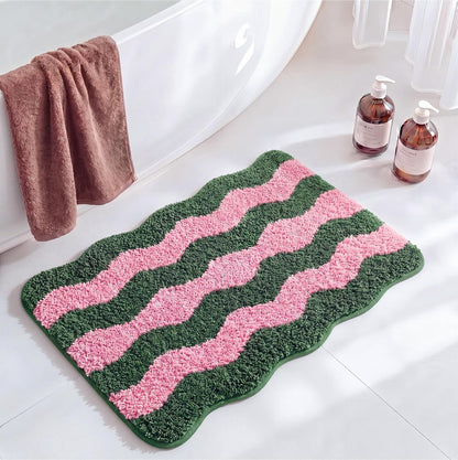 Cute Scalloped Bathroom Rug, Plush Tufted Absorbent Soft Wave Striped Bath Mat 24"x16", Non-Slip Washable Floor Carpet for Bathroom Bedroom Kitchen(Pink & Sage Green)