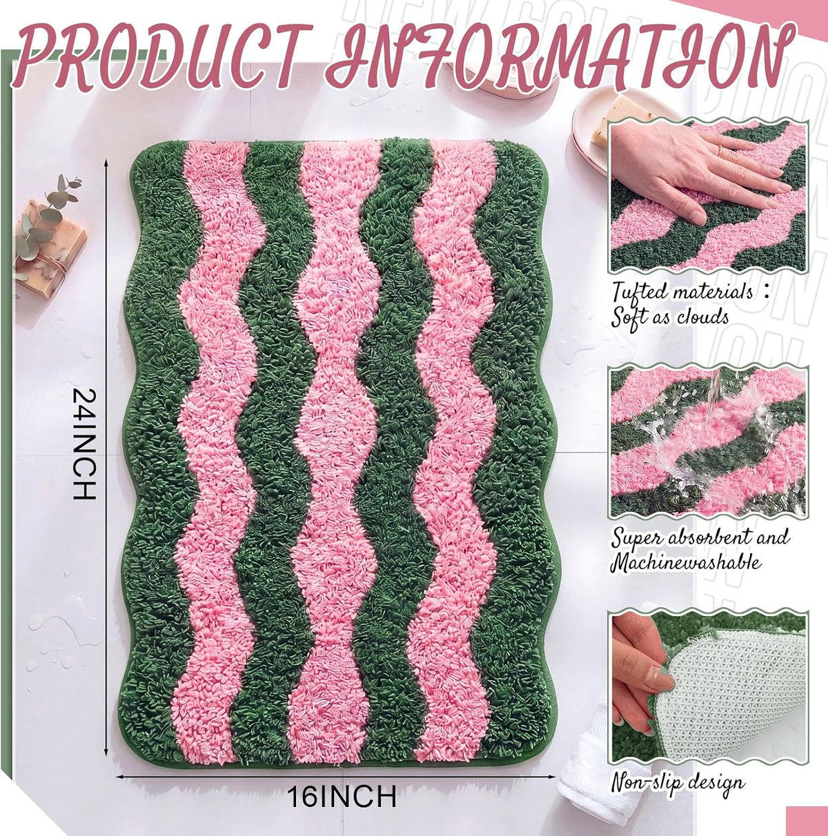 Cute Scalloped Bathroom Rug, Plush Tufted Absorbent Soft Wave Striped Bath Mat 24"x16", Non-Slip Washable Floor Carpet for Bathroom Bedroom Kitchen(Pink & Sage Green)