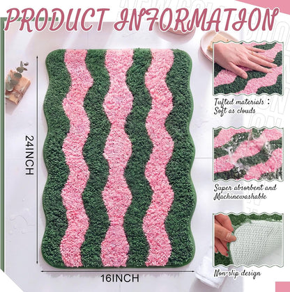 Cute Scalloped Bathroom Rug, Plush Tufted Absorbent Soft Wave Striped Bath Mat 24"x16", Non-Slip Washable Floor Carpet for Bathroom Bedroom Kitchen(Pink & Sage Green)