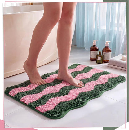 Cute Scalloped Bathroom Rug, Plush Tufted Absorbent Soft Wave Striped Bath Mat 24"x16", Non-Slip Washable Floor Carpet for Bathroom Bedroom Kitchen(Pink & Sage Green)