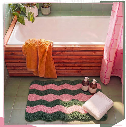 Cute Scalloped Bathroom Rug, Plush Tufted Absorbent Soft Wave Striped Bath Mat 24"x16", Non-Slip Washable Floor Carpet for Bathroom Bedroom Kitchen(Pink & Sage Green)