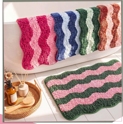 Cute Scalloped Bathroom Rug, Plush Tufted Absorbent Soft Wave Striped Bath Mat 24"x16", Non-Slip Washable Floor Carpet for Bathroom Bedroom Kitchen(Pink & Sage Green)