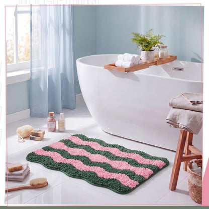 Cute Scalloped Bathroom Rug, Plush Tufted Absorbent Soft Wave Striped Bath Mat 24"x16", Non-Slip Washable Floor Carpet for Bathroom Bedroom Kitchen(Pink & Sage Green)