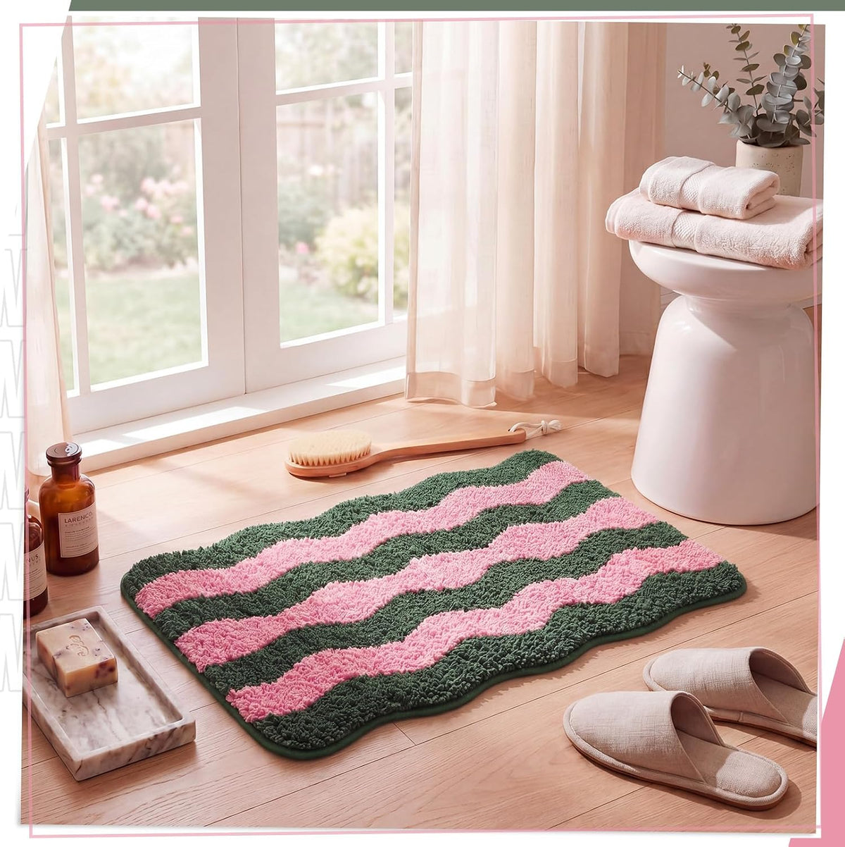 Cute Scalloped Bathroom Rug, Plush Tufted Absorbent Soft Wave Striped Bath Mat 24"x16", Non-Slip Washable Floor Carpet for Bathroom Bedroom Kitchen(Pink & Sage Green)