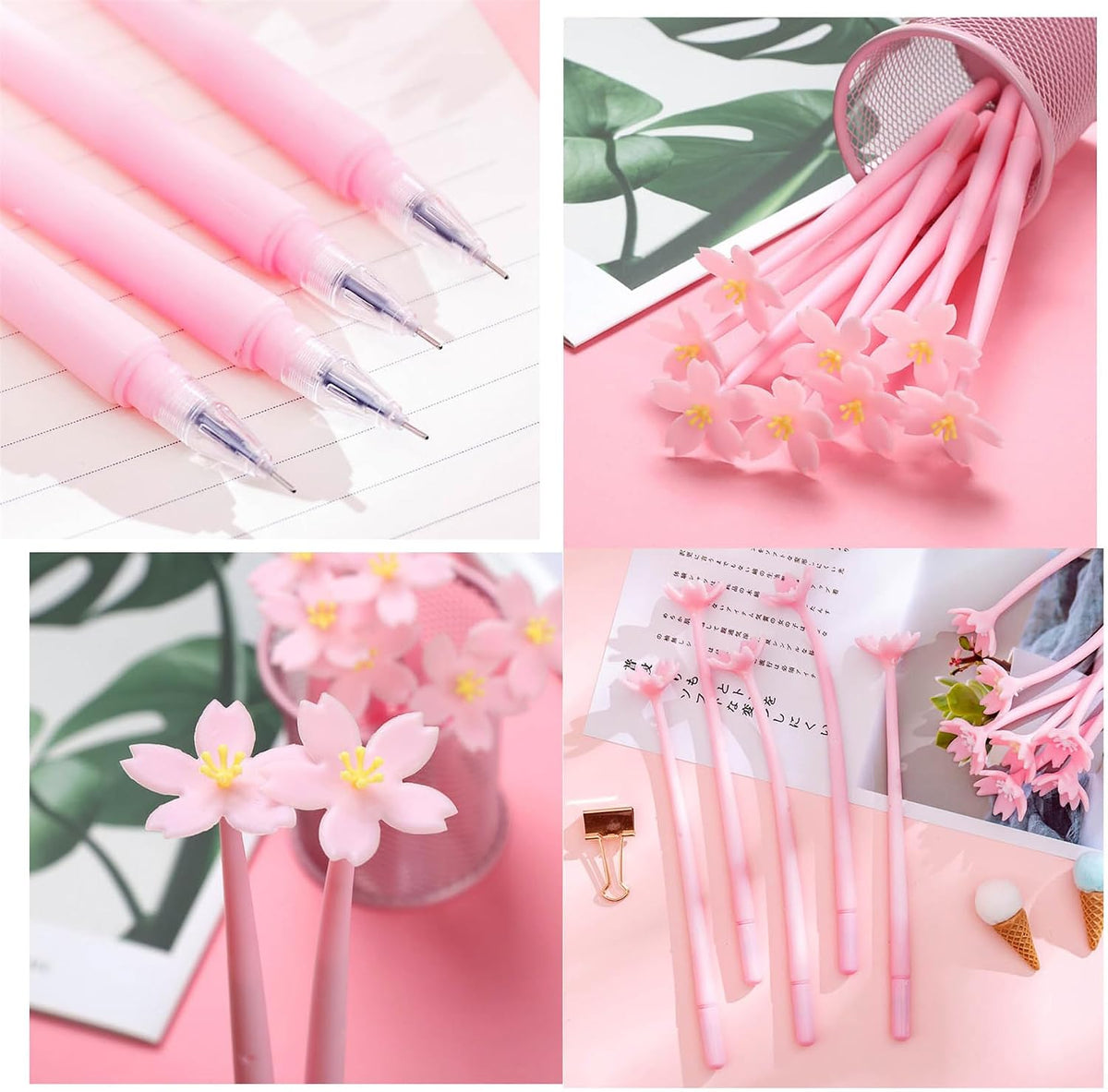 12pcs Cute Pink Flower Gel Ink Pens Writing Pens 0.5 mm Black Ink Fun Kawaii Pens Bulk for Office Supplies