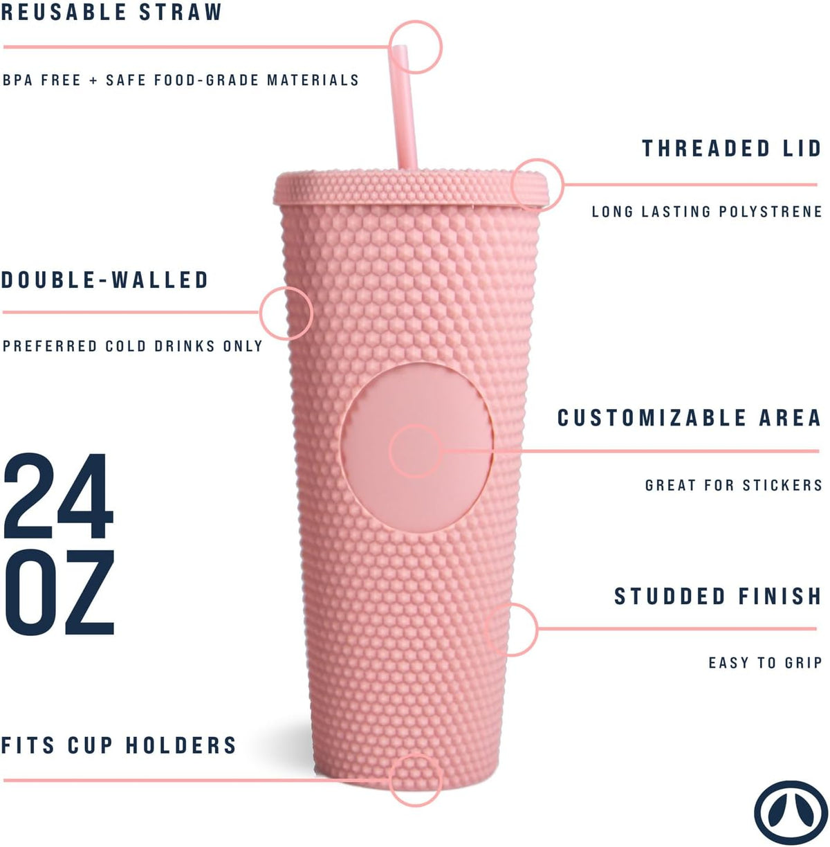 Hogg 24 oz Studded Tumbler with Lid and Straw - Light Pink, Reusable Iced Coffee Cup, Bling Tumbler for Women, Glitter Rhinestone Cup, Gifts for Iced Coffee Lovers