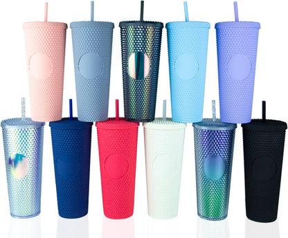 Hogg 24 oz Studded Tumbler with Lid and Straw - Light Pink, Reusable Iced Coffee Cup, Bling Tumbler for Women, Glitter Rhinestone Cup, Gifts for Iced Coffee Lovers