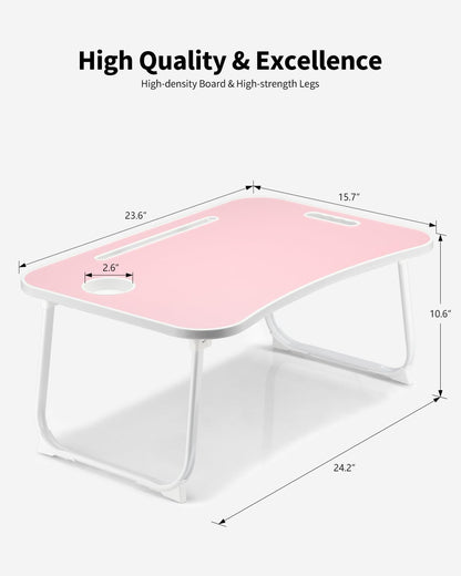 Foldable Lap Desk, Laptop Bed Desk, Portable Lap Table, Laptop Bed Table with Cup Holder & Tablet Slot & Lifting Handle for Working Writing Drawing & Eating - Pink