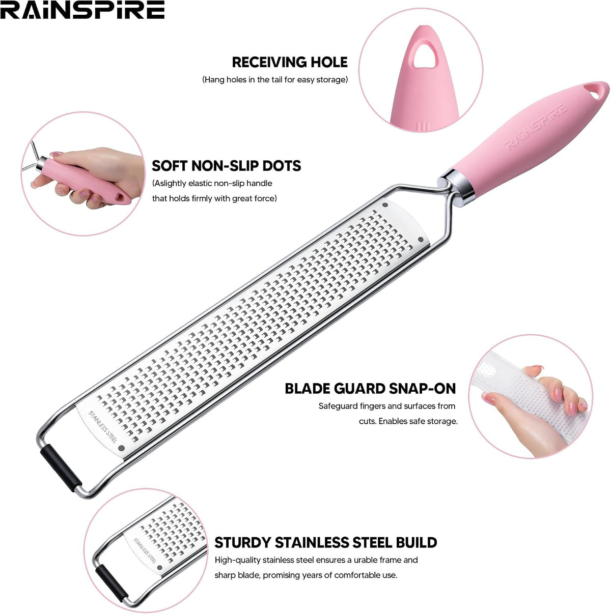Zester Grater with Handle, Lemon Zester Cheese Grater for Kitchen Stainless Steel, Parmesan Cheese Garlic Nutmeg Chocolate Fruits Vegetables Ginger Grater, Fine (Pink)