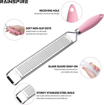 Zester Grater with Handle, Lemon Zester Cheese Grater for Kitchen Stainless Steel, Parmesan Cheese Garlic Nutmeg Chocolate Fruits Vegetables Ginger Grater, Fine (Pink)