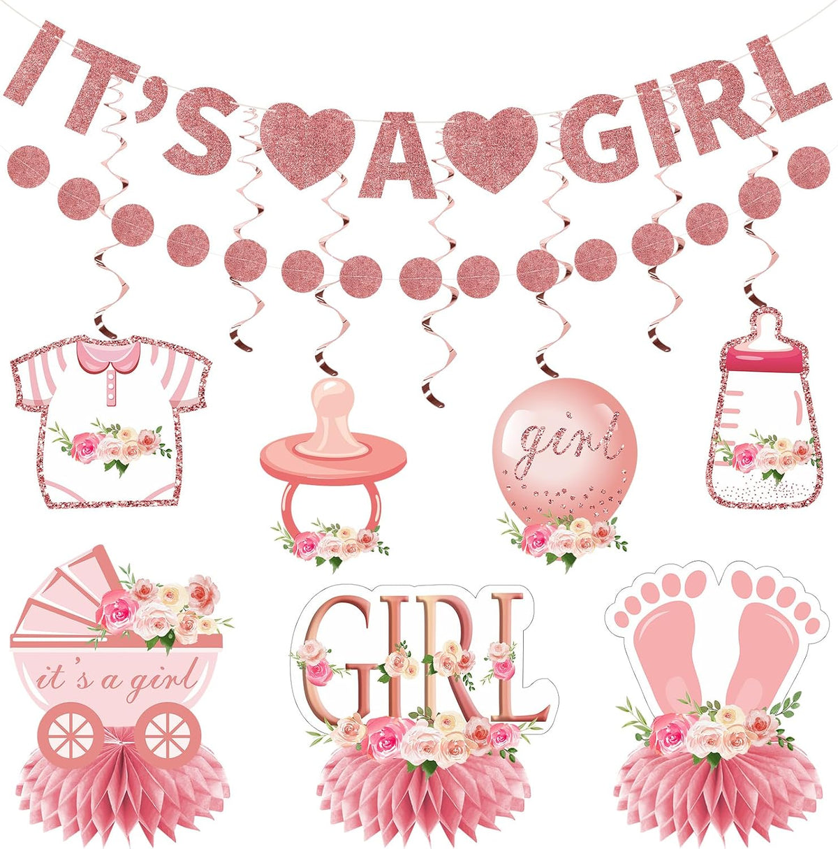 Floral It's a Girl Baby Shower Decorations Banner Table Centerpiece Kit
