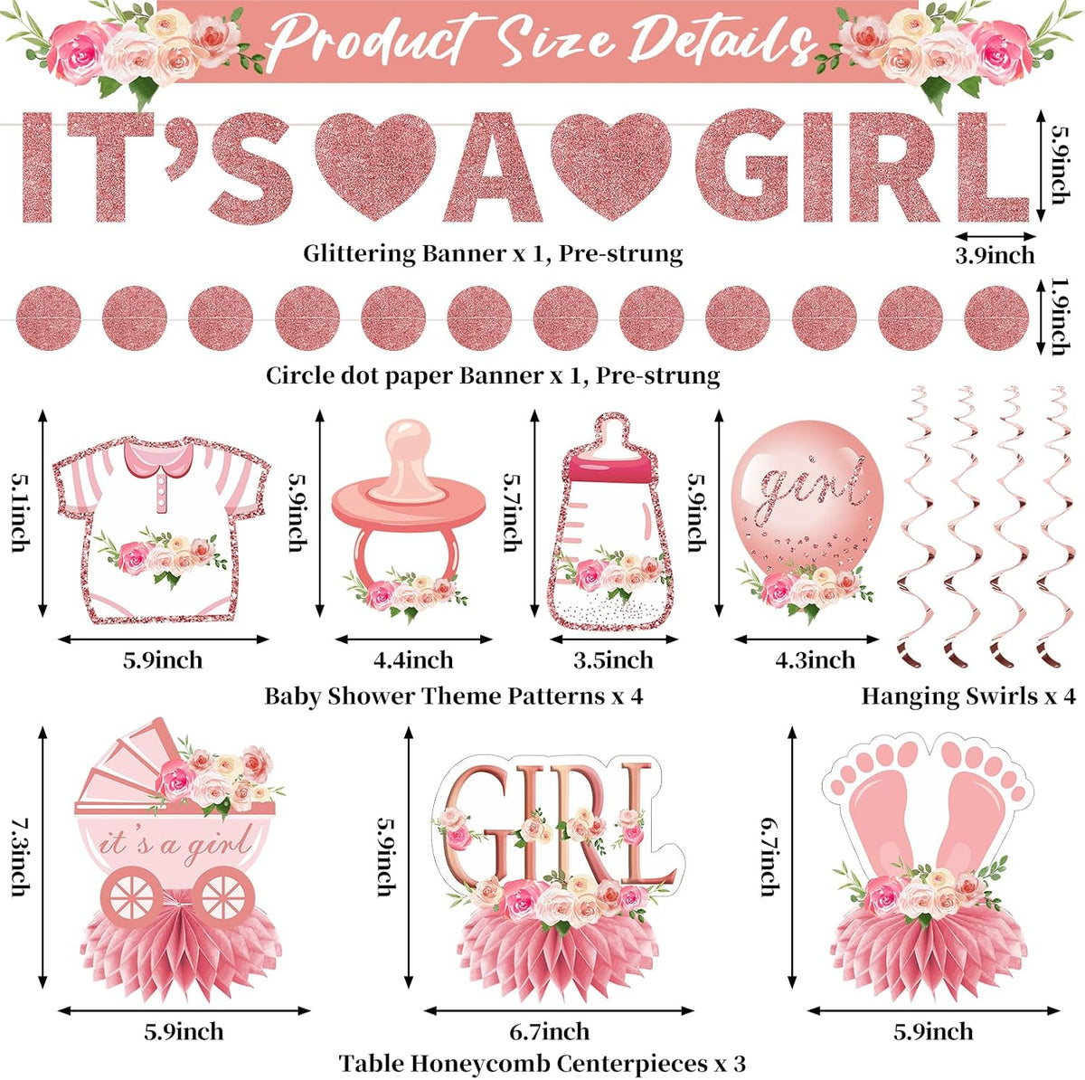 Floral It's a Girl Baby Shower Decorations Banner Table Centerpiece Kit