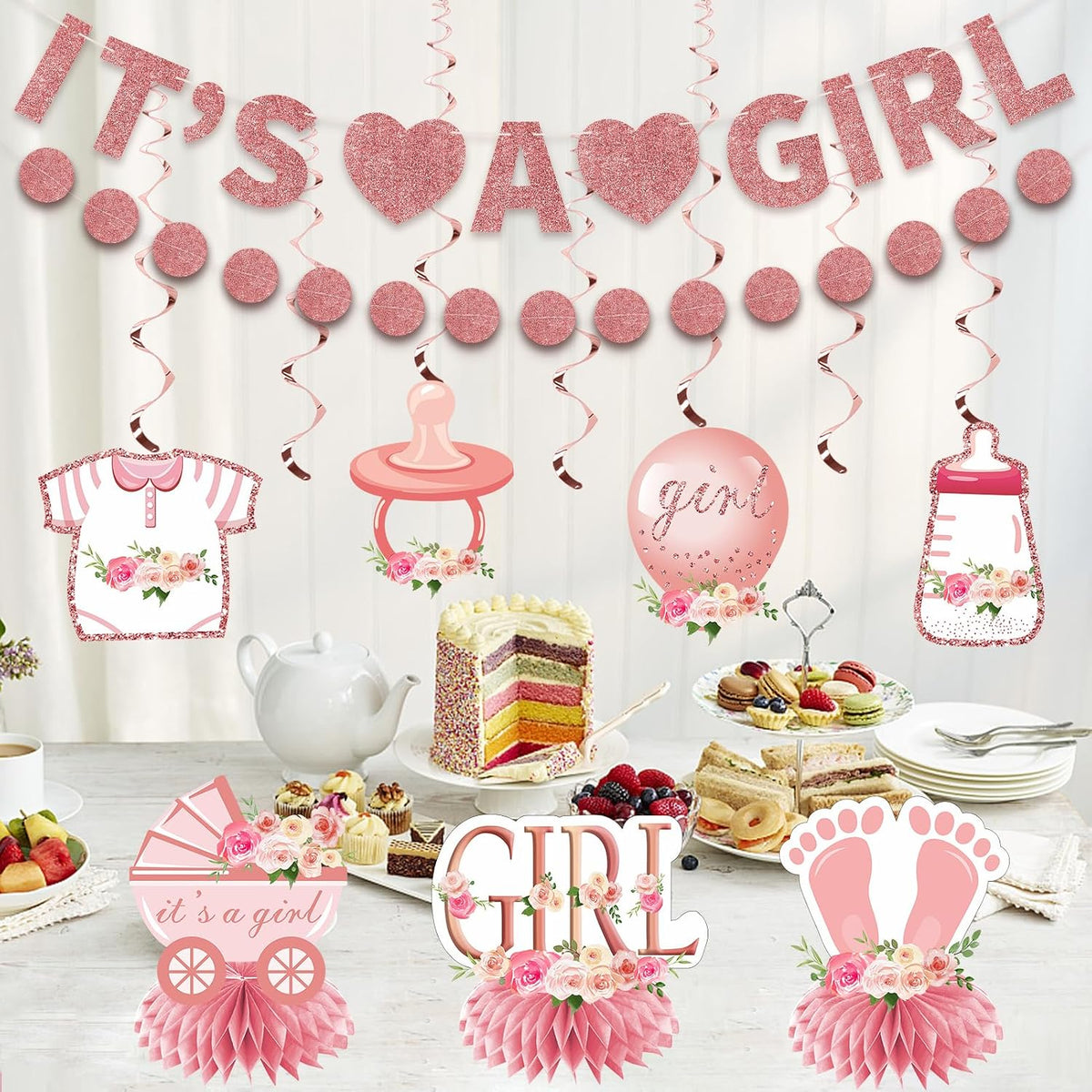 Floral It's a Girl Baby Shower Decorations Banner Table Centerpiece Kit
