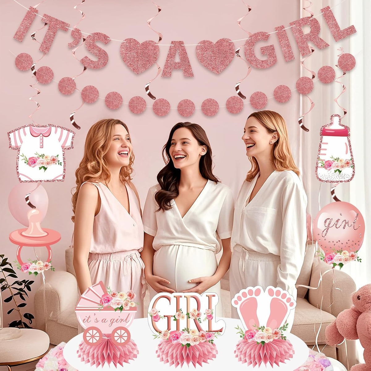 Floral It's a Girl Baby Shower Decorations Banner Table Centerpiece Kit