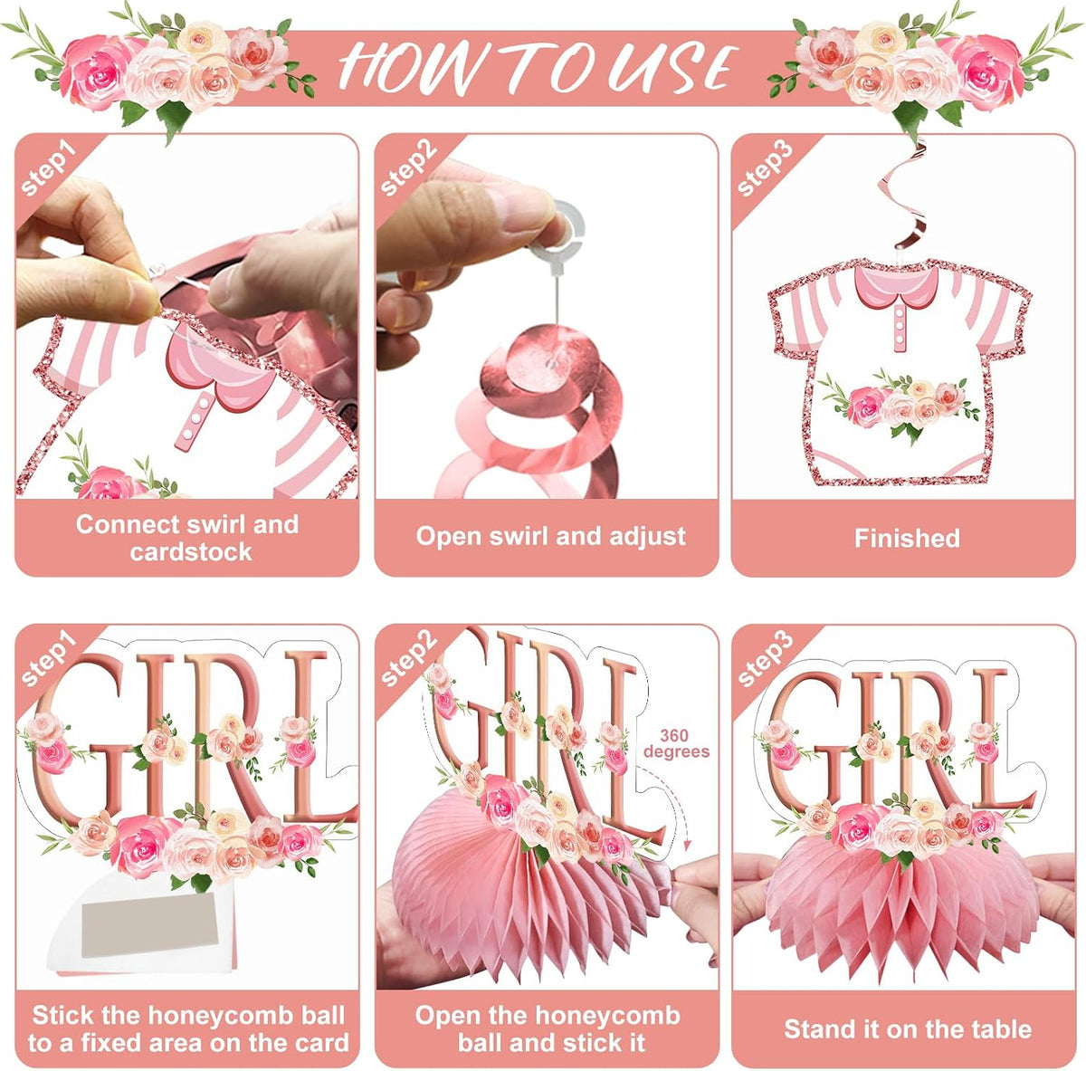 Floral It's a Girl Baby Shower Decorations Banner Table Centerpiece Kit