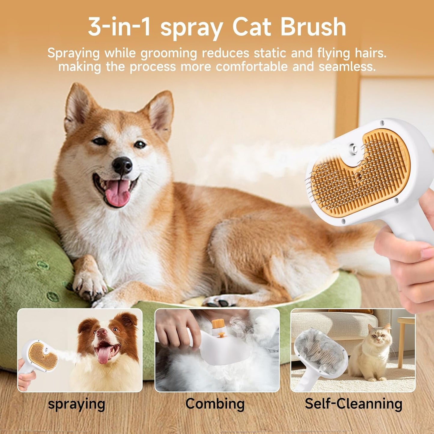 Pet Steam Brush for Dog & Cat – 3-in-1 Spray Hair Removal Comb for Shedding & Grooming, Softens Fur & Reduces Static – Water Brush for Long & Short Coats, Bath-Hating Pets, Includes Waterless Shampoo