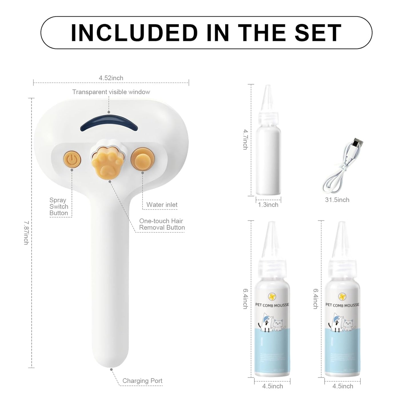 Pet Steam Brush for Dog & Cat – 3-in-1 Spray Hair Removal Comb for Shedding & Grooming, Softens Fur & Reduces Static – Water Brush for Long & Short Coats, Bath-Hating Pets, Includes Waterless Shampoo