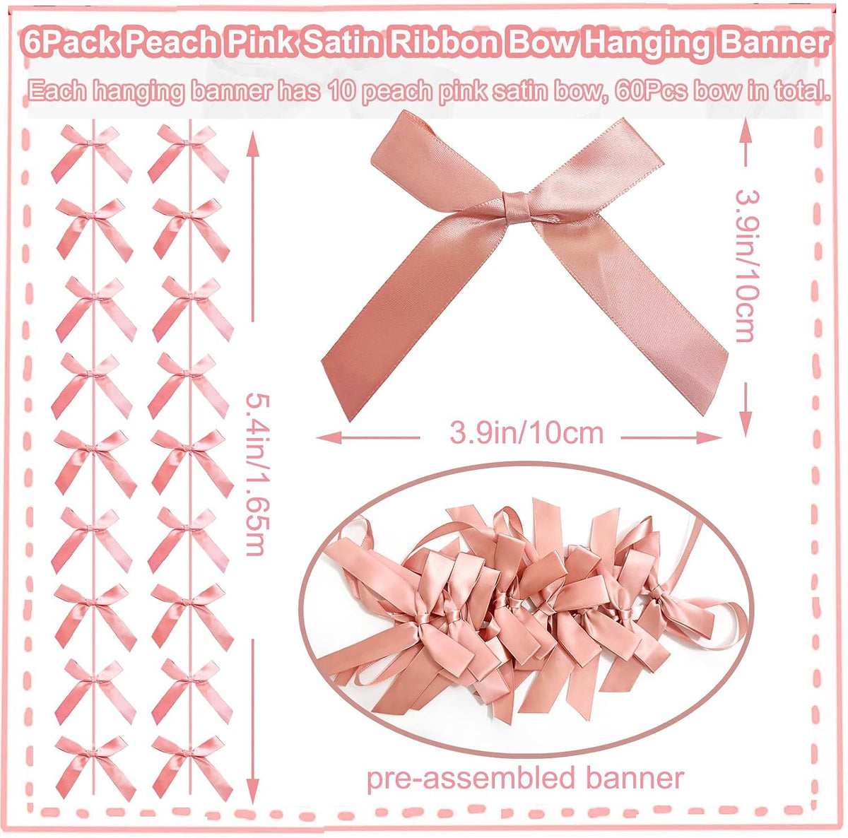 Peach Pink Ribbon Bow Hanging Garland for Baby Shower Pink Bow Party Decorations Girls Bow Birthday Decoration Tying the Knot Bridal Shower Party Room Décor 6pcs