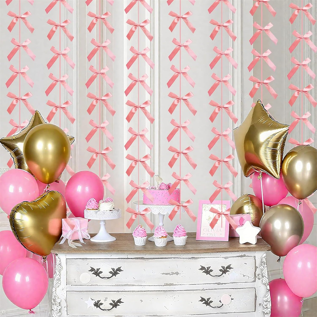 Peach Pink Ribbon Bow Hanging Garland for Baby Shower Pink Bow Party Decorations Girls Bow Birthday Decoration Tying the Knot Bridal Shower Party Room Décor 6pcs