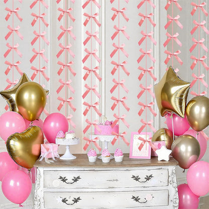 Peach Pink Ribbon Bow Hanging Garland for Baby Shower Pink Bow Party Decorations Girls Bow Birthday Decoration Tying the Knot Bridal Shower Party Room Décor 6pcs