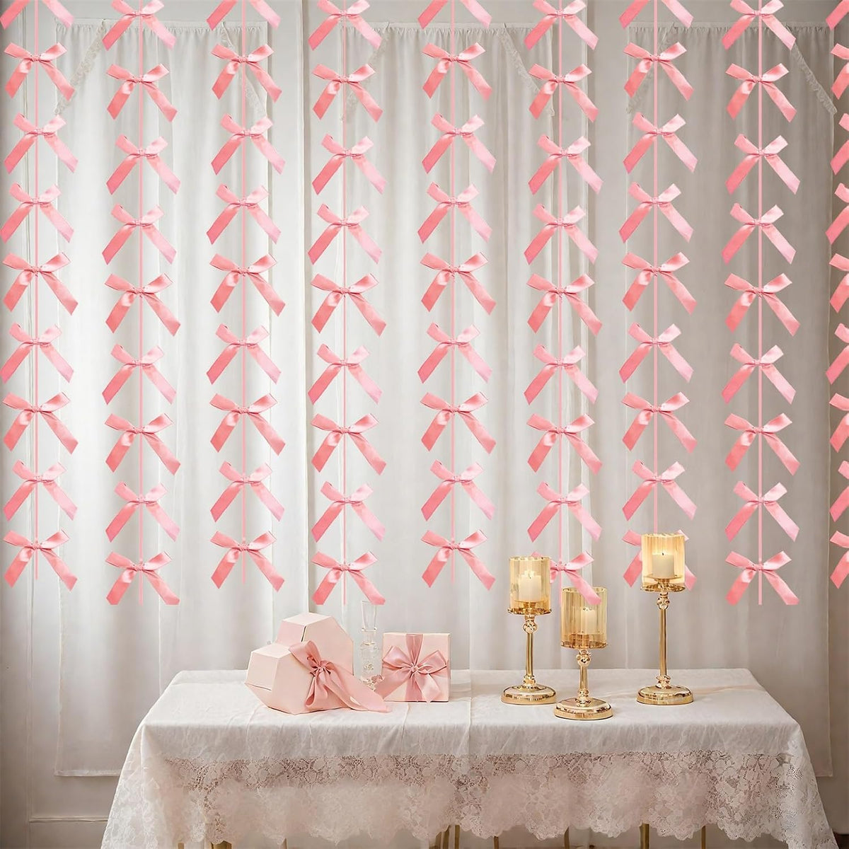 Peach Pink Ribbon Bow Hanging Garland for Baby Shower Pink Bow Party Decorations Girls Bow Birthday Decoration Tying the Knot Bridal Shower Party Room Décor 6pcs