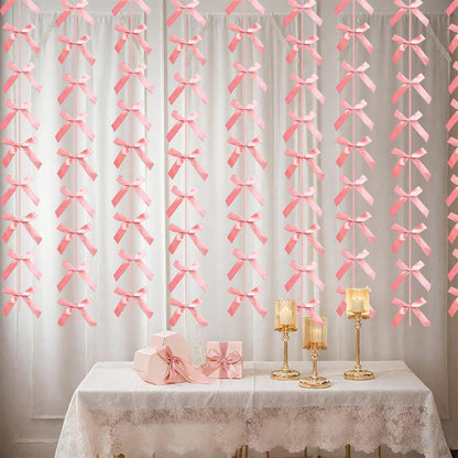 Peach Pink Ribbon Bow Hanging Garland for Baby Shower Pink Bow Party Decorations Girls Bow Birthday Decoration Tying the Knot Bridal Shower Party Room Décor 6pcs