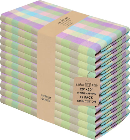 Urban Villa Cloth Napkins 100% Cotton Highly Absorbent Washable Durable Reusable Premium Dinner Napkins Ideal for Gifts for Mothers Day Hotel Farmhouse Parties - Easter Checks (20" x 20", Set of 12)