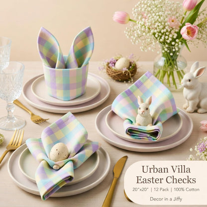 Urban Villa Cloth Napkins 100% Cotton Highly Absorbent Washable Durable Reusable Premium Dinner Napkins Ideal for Gifts for Mothers Day Hotel Farmhouse Parties - Easter Checks (20" x 20", Set of 12)