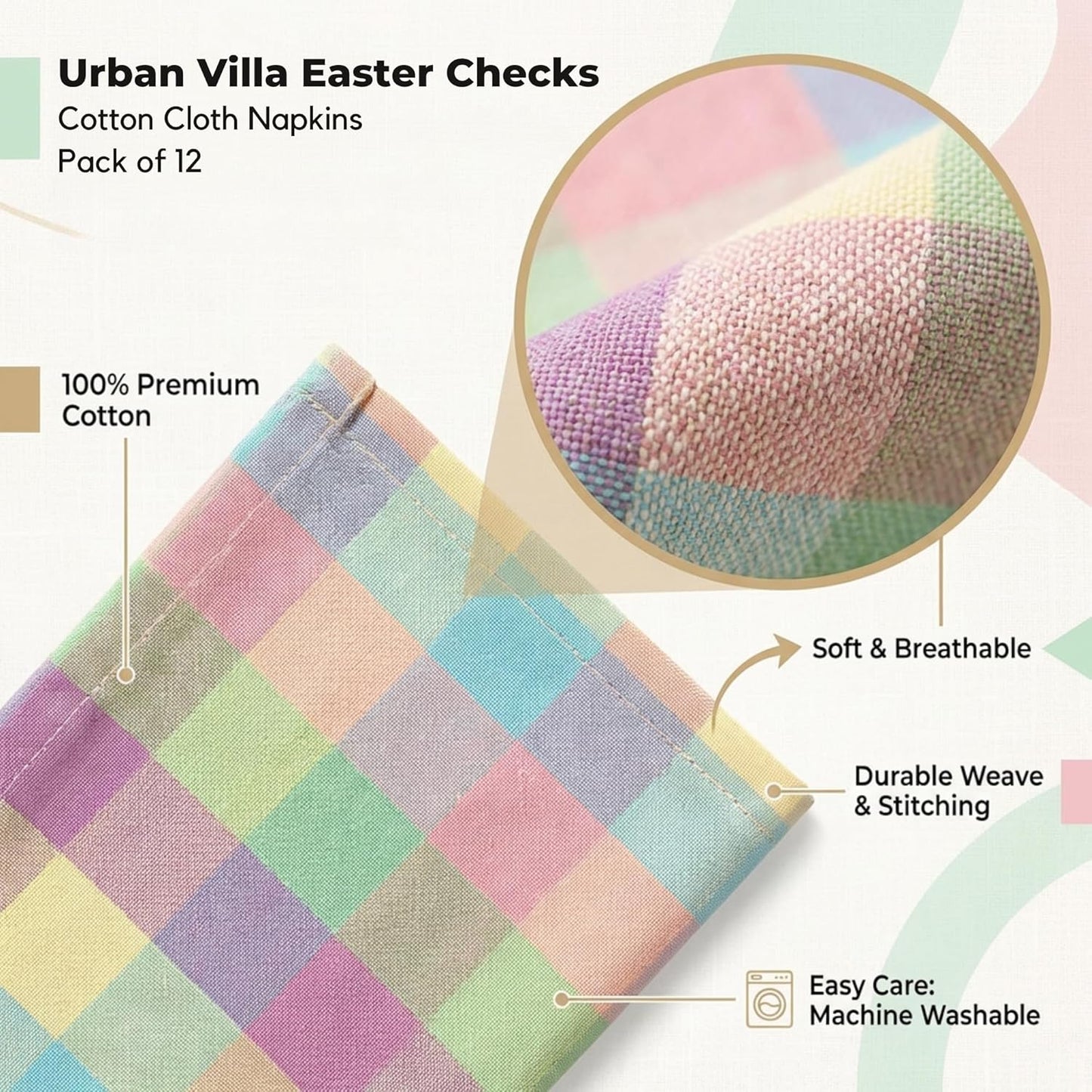 Urban Villa Cloth Napkins 100% Cotton Highly Absorbent Washable Durable Reusable Premium Dinner Napkins Ideal for Gifts for Mothers Day Hotel Farmhouse Parties - Easter Checks (20" x 20", Set of 12)