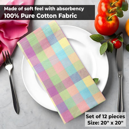 Urban Villa Cloth Napkins 100% Cotton Highly Absorbent Washable Durable Reusable Premium Dinner Napkins Ideal for Gifts for Mothers Day Hotel Farmhouse Parties - Easter Checks (20" x 20", Set of 12)