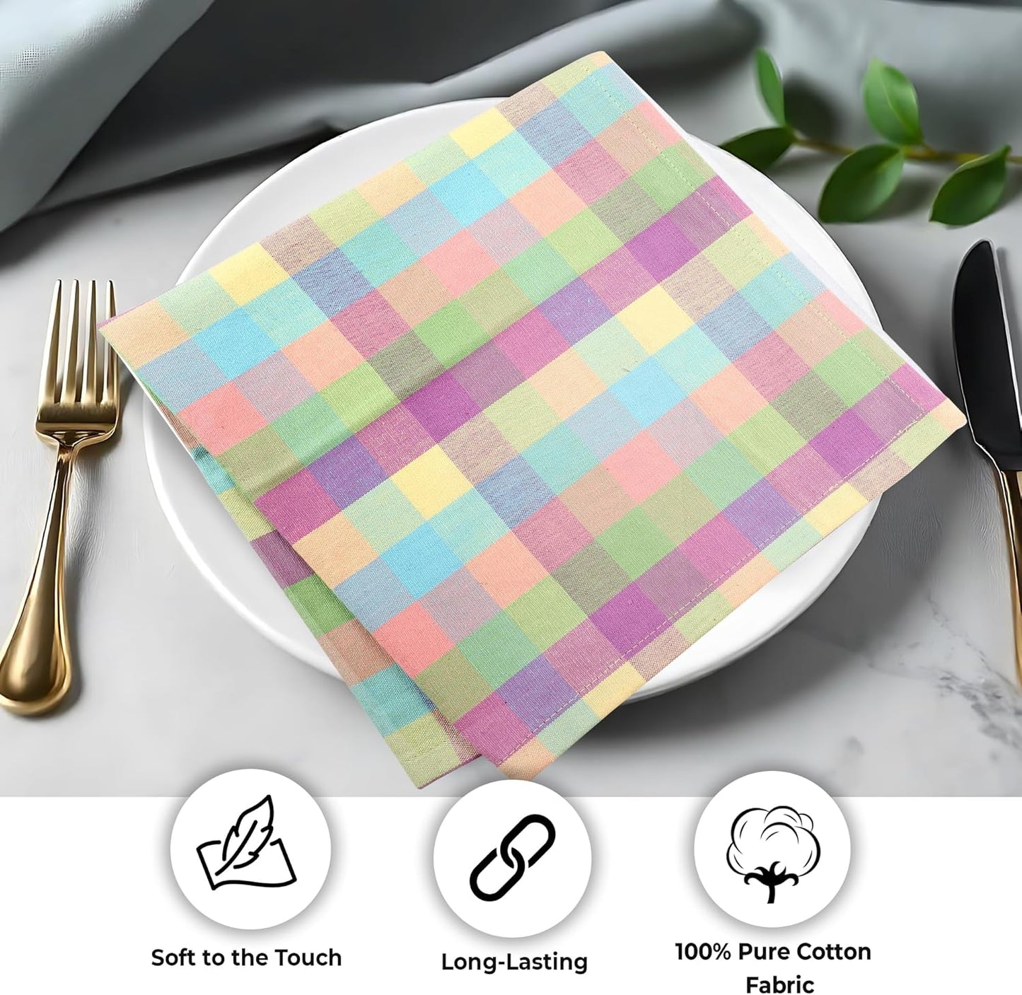 Urban Villa Cloth Napkins 100% Cotton Highly Absorbent Washable Durable Reusable Premium Dinner Napkins Ideal for Gifts for Mothers Day Hotel Farmhouse Parties - Easter Checks (20" x 20", Set of 12)