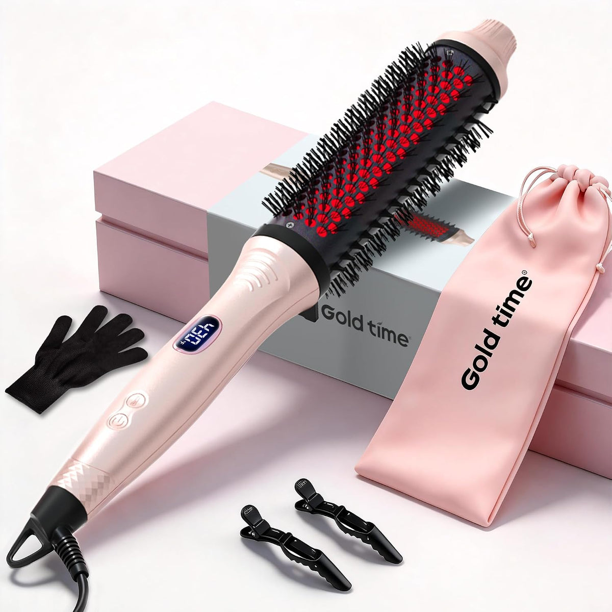 Infrared Thermal Brush 1.6 Inch Ionic Heated Thermal Round Brush Hair Straightener & Curler Styler, 6 Heat Settings, LED Display, Dual Voltage, Auto Shut-Off, Pink