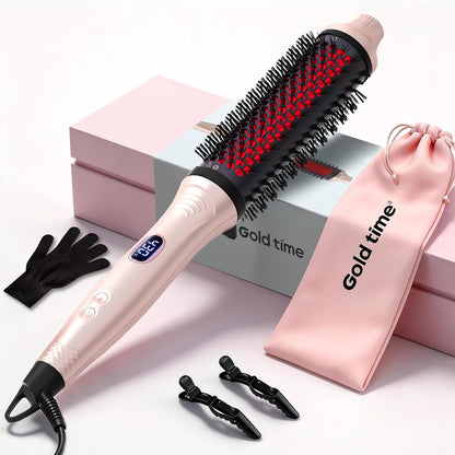 Infrared Thermal Brush 1.6 Inch Ionic Heated Thermal Round Brush Hair Straightener & Curler Styler, 6 Heat Settings, LED Display, Dual Voltage, Auto Shut-Off, Pink