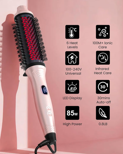 Infrared Thermal Brush 1.6 Inch Ionic Heated Thermal Round Brush Hair Straightener & Curler Styler, 6 Heat Settings, LED Display, Dual Voltage, Auto Shut-Off, Pink